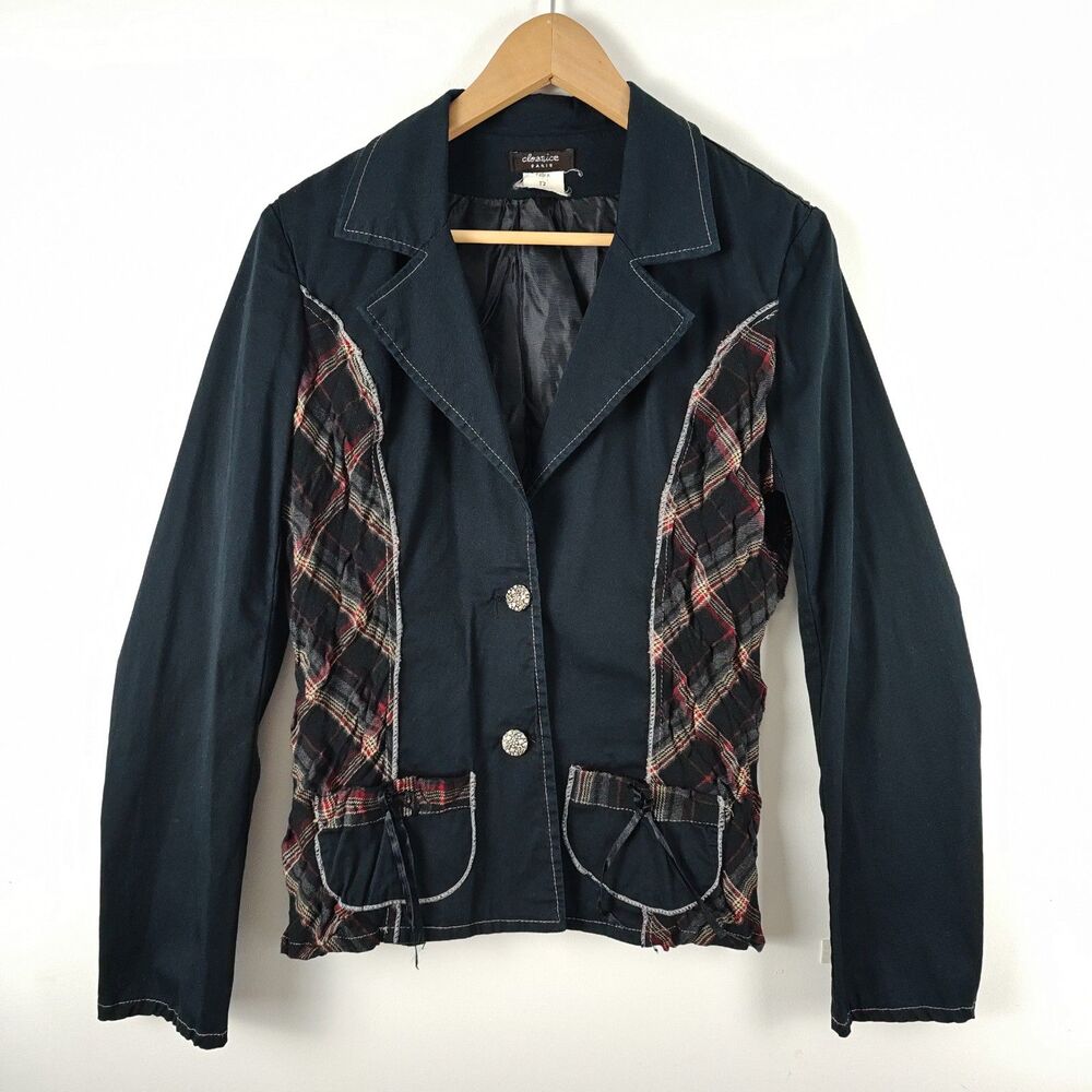 Cloanice Paris Vintage Black & Wrinkled Plaid Decorative Button Light Blazer